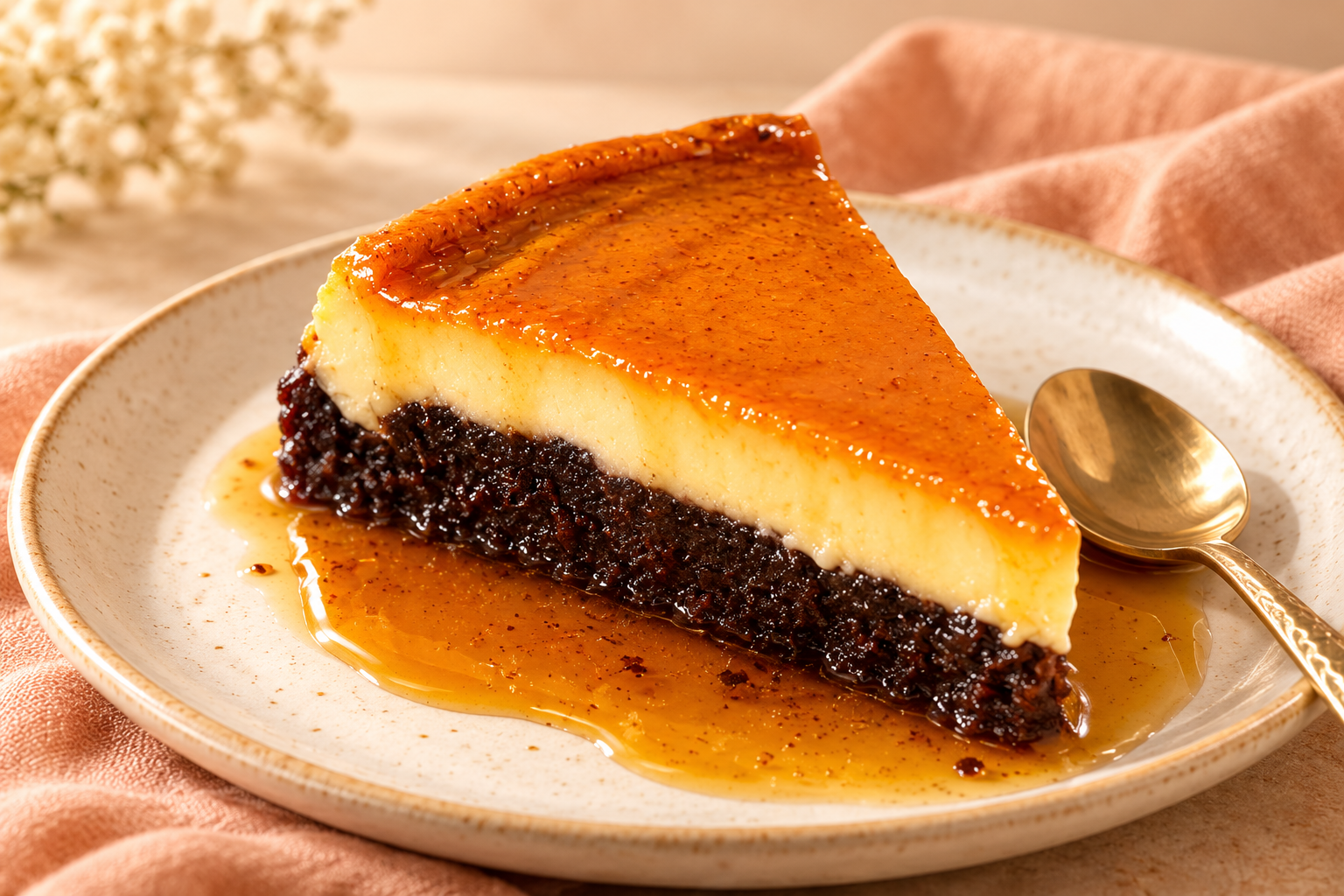 Part de flan au caramel sur un fondant chocolat