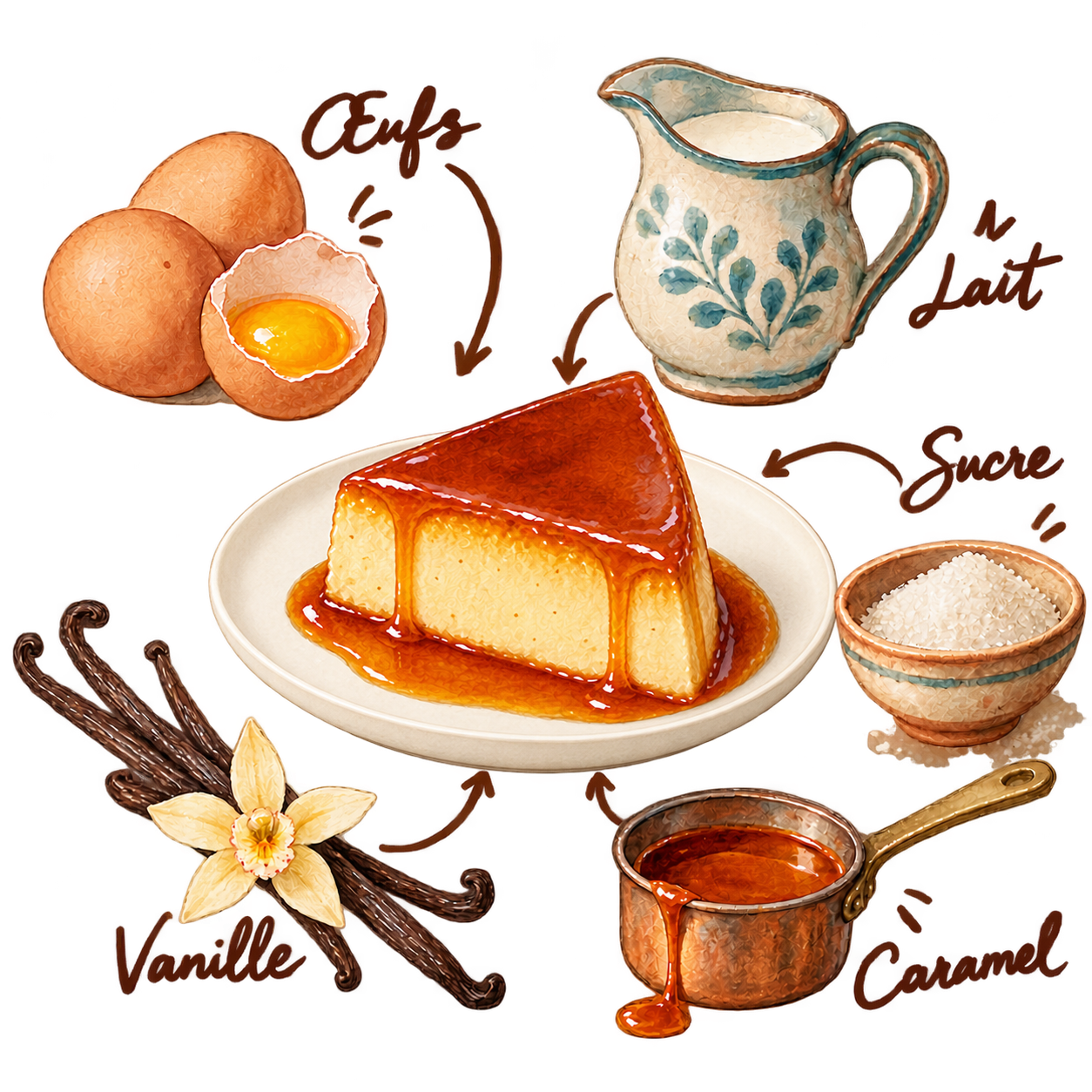Illustration peinte à la main : part triangulaire de flan au caramel entouré d’œufs, de lait, de sucre et de vanille